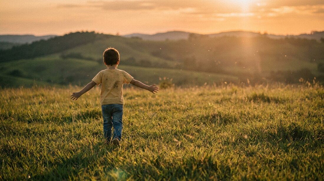 Criança correndo livre no campo ao entardecer